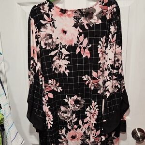 Catherines Black Tunic with Pink and Gray Floral Grid